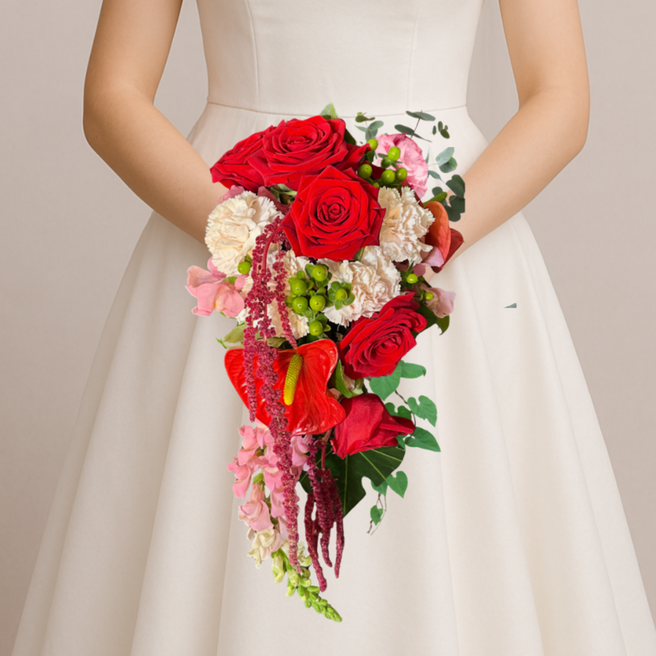 Crimson Velvet Cascade Bridal Bouquet