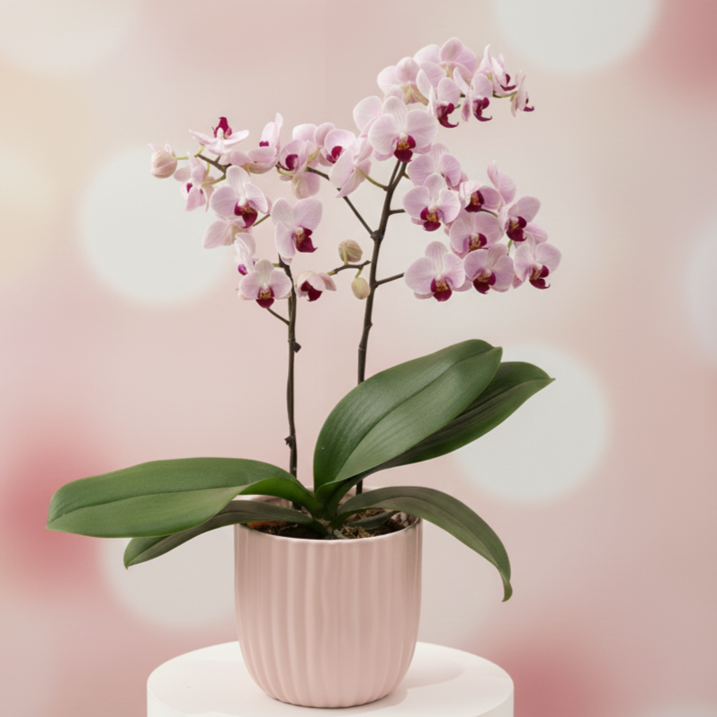Pink Mini Phalaenopsis with Red Centers – 2 Stems (6" Pot)