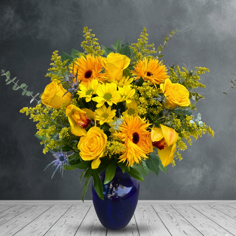 Sunshine in Blue Vase Bouquet