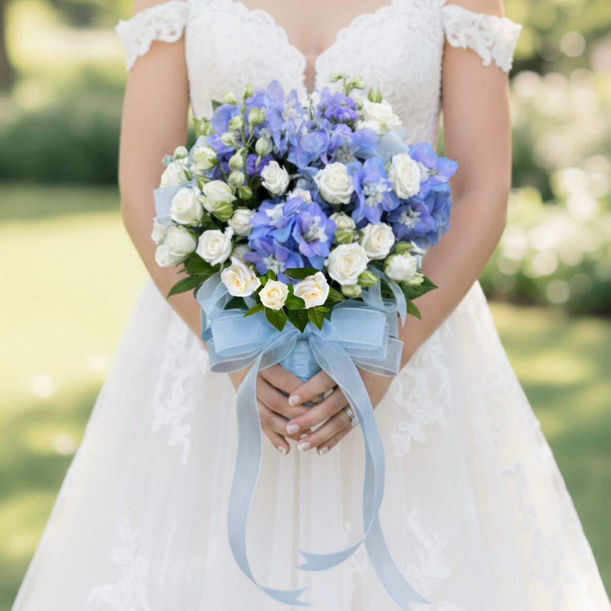 prom bouquet for light blue dress White Dusty Light Blue Bridal Wedding Prom Bouquet - Add Groom Boutonniere Corsage and More!