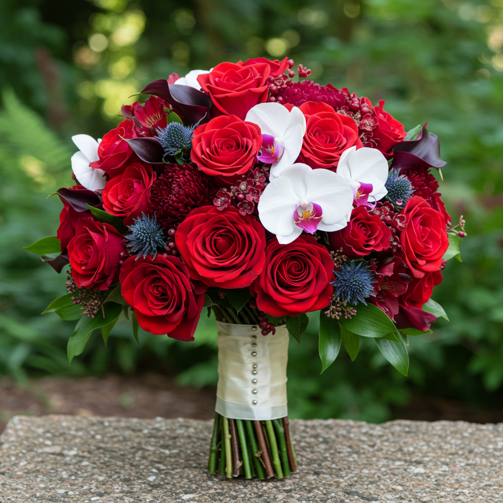 Crimson Rose & Orchid Bridal Bouquet